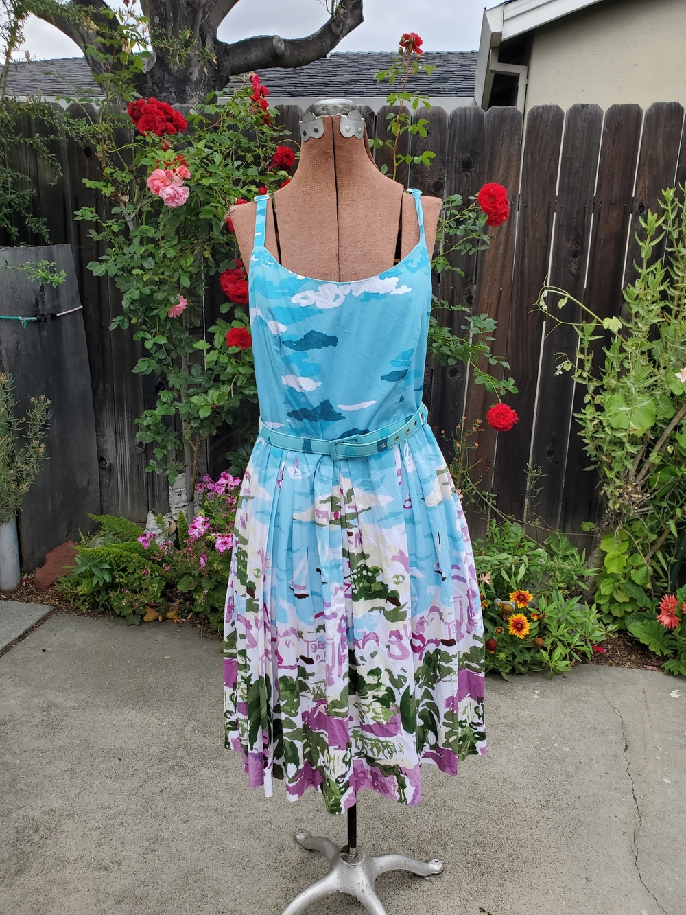 Blue Floral Pleated Cotton Sundress with Belt